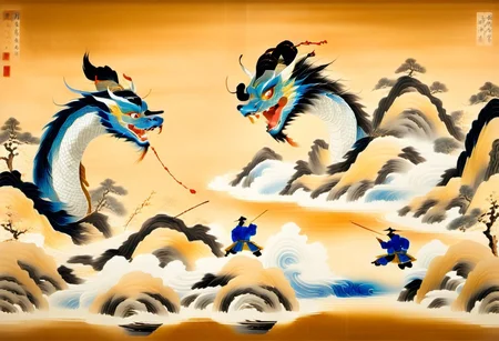 (anime), Sinoink, Chinese dragon, dueling warriors, iridescent, masterpiece, score_9