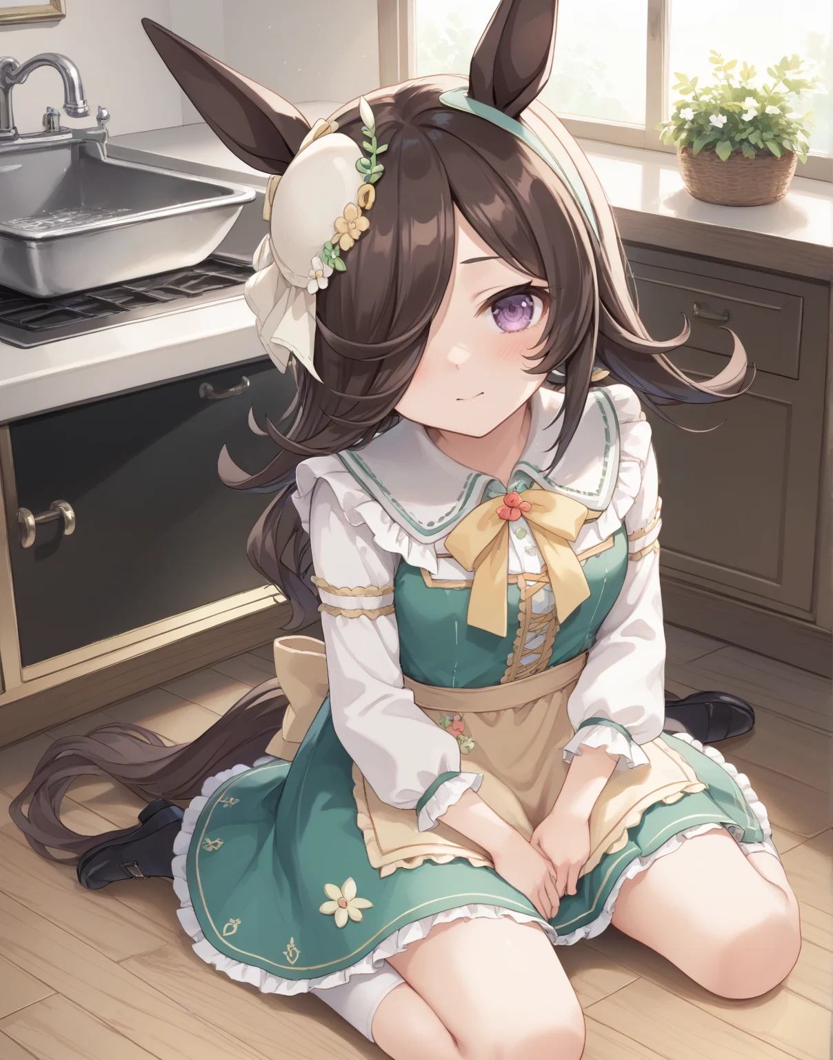 score_9, score_8_up, score_7_up, official art, masterpiece, high quality, megami magazine, official style, game cg, 1girl, (looking at viewer:1.4), (closed mouth:0.6), , anxious, , Kneeling with hands clasped, full body, ,
rcs ydf, rice shower (umamusume), rice shower (yummy dreamy fairy) (umamusume), alternate costume, alternate hairstyle, animal ears, apron, blush, brown hair, dress, green dress, hair ornament, hair over one eye, horse ears, horse girl, horse tail, long hair, long sleeves, low twintails, official alternate costume, official alternate hairstyle, print dress, tail, twintails, violet eyes, <lora:umamusume_rice_shower2_pony_v1:1>,
(hair over one eye:1.2), ,