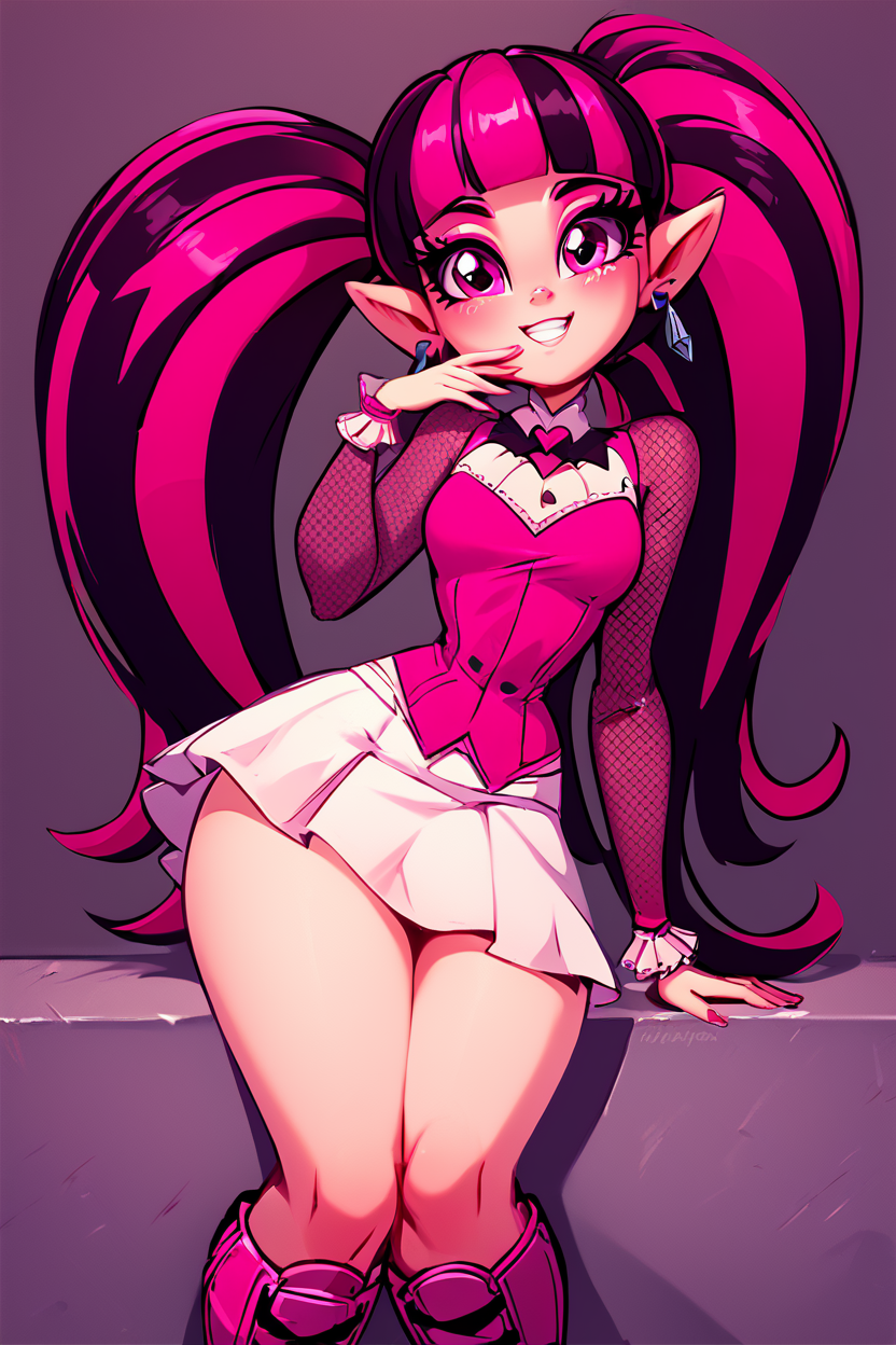score_9, score_8_up, score_8, medium breasts, (curvy), cute, eyelashes,       BREAK, , draculaura, solo, twintails, multiclored hair, pink hair, black hair, pink eyes, pointy ears, earrings, fishnet sleeves, frilled sleeves, long sleeves, blunt bangs, monster high, pink vest, white skirt, pink knee boots, <lora:Draculaura_P1:1.0>, , BREAK, smile, looking at viewer, cowboy shot, embedding:zPDXL,  <lora:DiivesP1:1.0>,