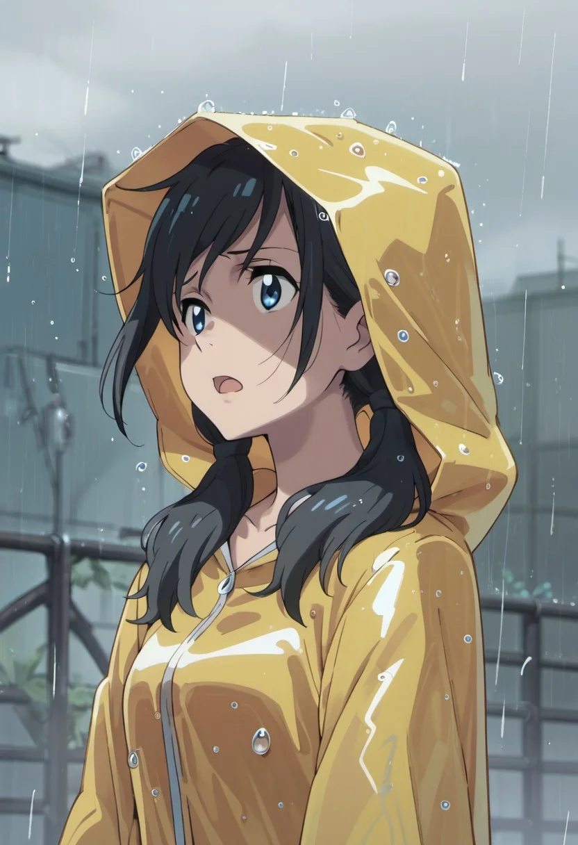 score_9, score_8_up, score_7_up, source_anime,amano hina, black hair, long hair, low twintails, blue eyes, 1girl, open mouth, raincoat, hood, rain, anime coloring, solo