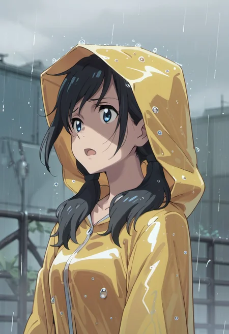 score_9, score_8_up, score_7_up, source_anime,amano hina, black hair, long hair, low twintails, blue eyes, 1girl, open mouth, raincoat, hood, rain, anime coloring, solo
