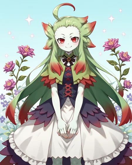 score_9, score_8_up, score_7_up, score_6_up, score_5_up, score_4_up, BREAK source_anime,<lora:add-detail-xl:1>,<lora:Expressive_H:1>,
<lora:Sirara_PONY:1>,sirara, 1girl, solo, red eyes, long hair, green hair, ahoge, multicolored hair, pale skin,monster girl, dress,Smile