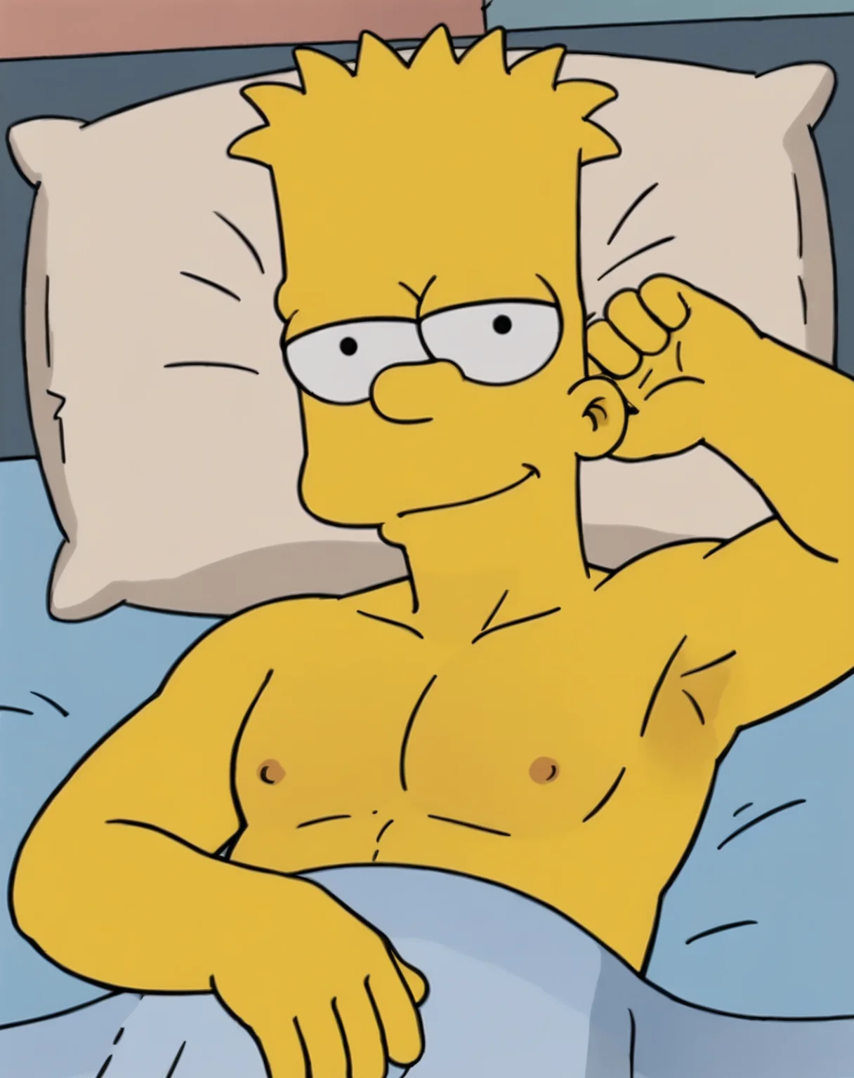 1boy, solo, Bart Simpson, yellow skin, circle eyes, dot pupil, spiked hair, big pectorals, shirtless, bedroom eyes, smirk, bed, bed sheet, pillow, lying, under cover, dot nipples, upper body, armpit, <lora:AdultBart9:0.8>, parody