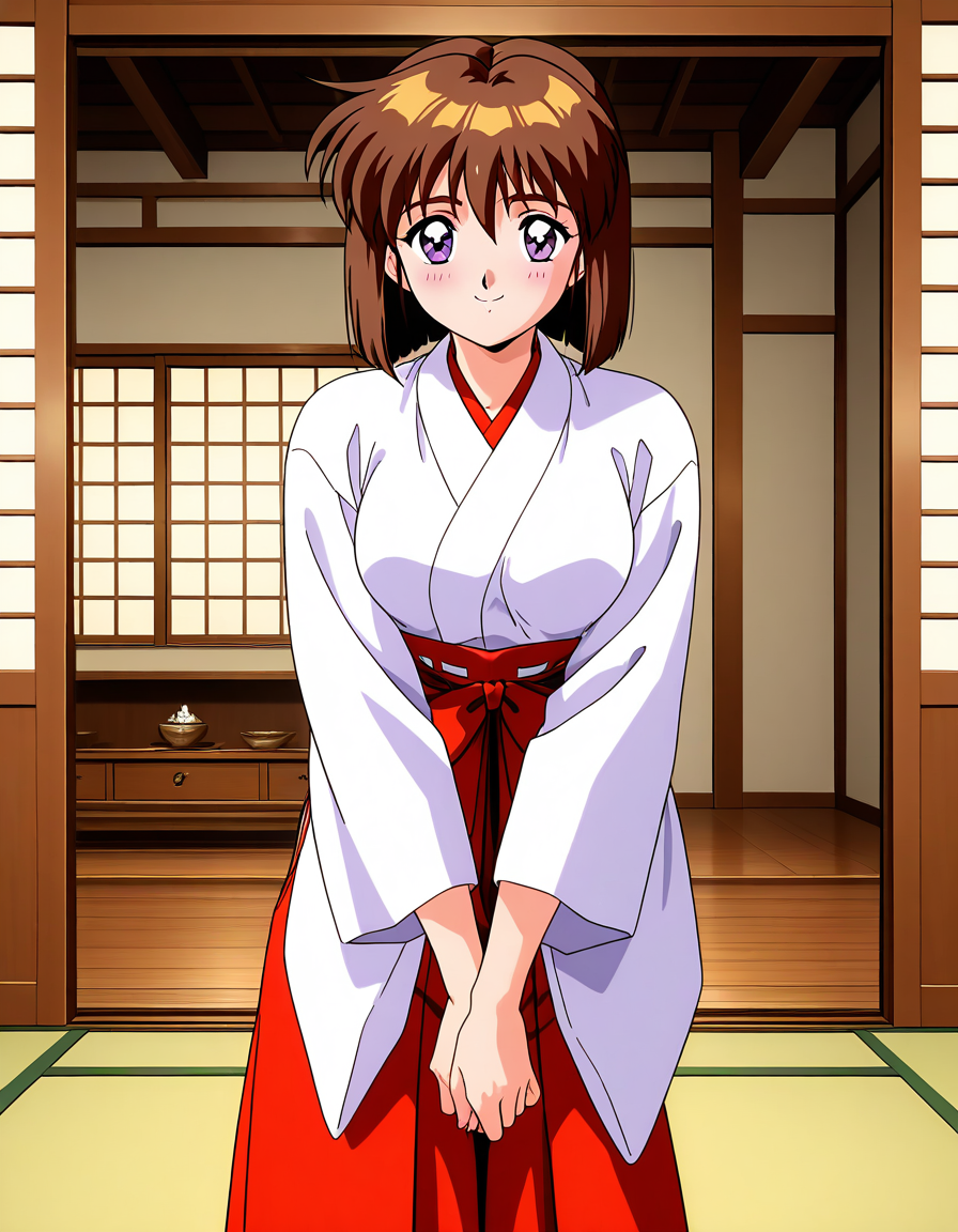 general,highres, ultra-detailed,very aesthetic,best quality ,best hands,  BREAK <lora:Amatsu_Mai_IS:1> Amatsu_Mai, 1girl,solo, brown hair, short hair, breasts, purple eyes, bob cut, bangs, 1990s \(style\),anime coloring, BREAK,
japanese white clothes, miko, red hakama, shrine, cherry blossom,
 blush,
BREAK, 1990s \(style\),anime coloring,  v arms, smile, closed mouth, Japanese room, tatami,