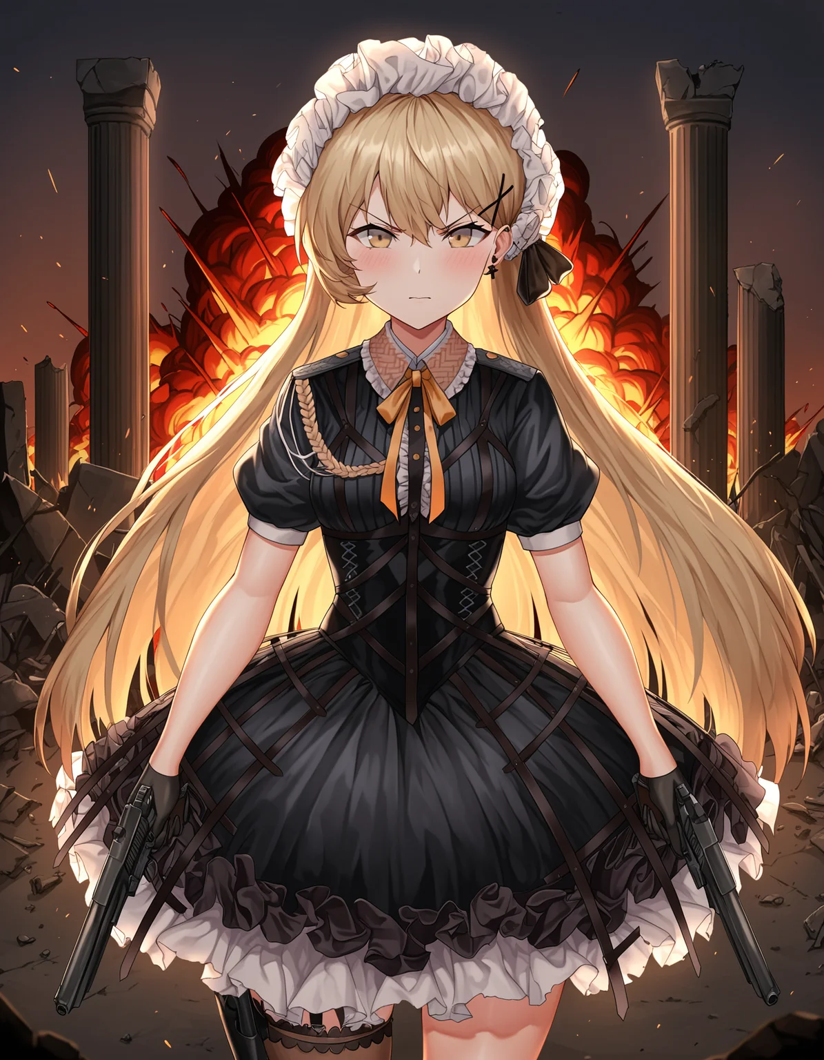 masterpiece, best quality, absurdres, oil painting \(medium\), shadow,  ppk \(girls' frontline\), pillar, ruins, outdoors, cowboy shot, holding gun, handgun, walther ppk, looking at viewer, black gloves, explosion, v-shaped eyebrows, (explosion:0.85), fire, single thighhigh, aiguillette, center frills, backlighting, ear piercing