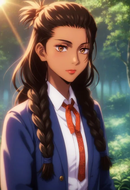 score_9, score_8_up, score_7_up, source_anime, intricate details, anime screencap, perfect balance, official art, extremely detailed CG unity 8k wallpaper, perfect lighting, Colorful, Warm_Front_face_Lighting, (masterpiece:1.0),(best_quality:1.0), ultra high res,4K,ultra-detailed, photography, 8K, HDR, highres, absurdres:1.2, Kodak portra 400, blurry background, bokeh, lens flare, (Anime) (vibrant_color:1.2), professional photograph, night, (good_face:1.2), 2d, anime, upper body, intricate iris, American, Professional character design, 1girl, female focus, (Orange amber eyes), perfect eyes, (black-hair), tanned skin, dark skin, Native American, Indigenous, American Indian, Tribal, feathers, Tribal_braids, Decorated_braids, white dress shirt, bolo tie, black_leather_jacket, Black-Western-Fringe-Jacket, youthful, feminine, solo, jujutsu_kaisen_style, character portrait, (perfect-lighting, lens flare), face, torso, (Friendly), young, (redwood forest, nature), (Dark-black-hair), Long hair, Wild hair, feathered hair, tanned skin, Native American, Indigenous, American Indian, Tribal, feathers, Tribal_braids, Decorated_braids, Feathers-in-braids, white dress shirt, (bolo-tie), Black-Leather-Fringed Jacket, (Black-Fringed-Jacket), wild, animalistic, energetic, hyper, North American, Shimmering-Eyes, Admiration, Pride, (Red, Orange, Yellow, Black)