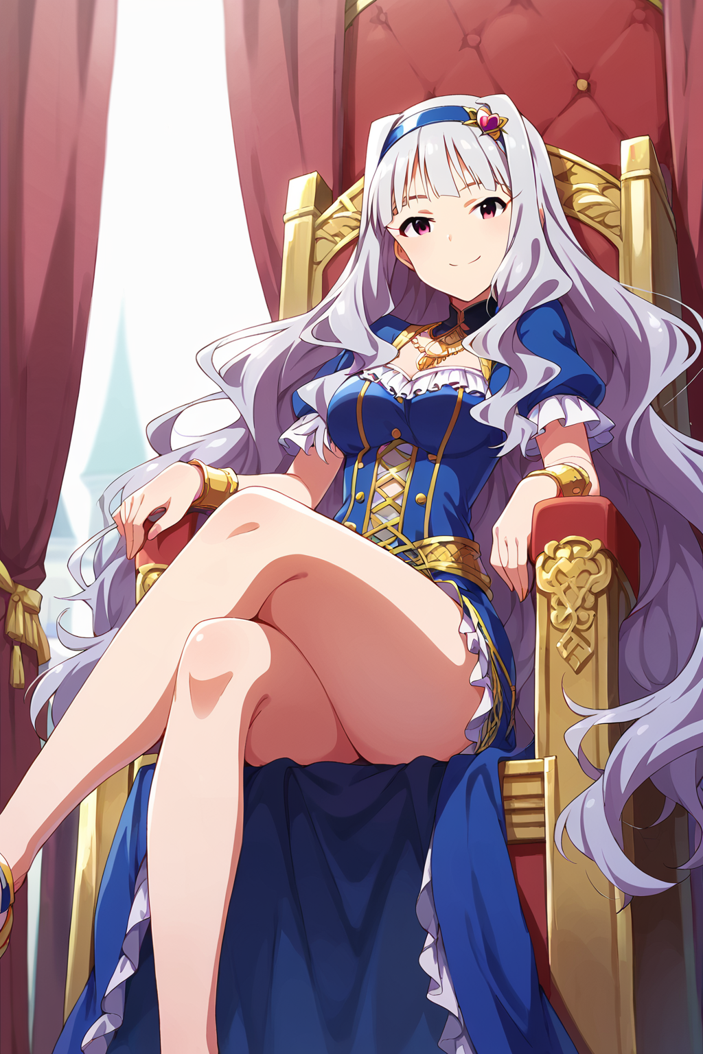score_9, score_8,  aatakane, solo, long hair, hairband, <lora:shijou_takane_XL_v1:0.8>, idol clothes, sitting, crossed legs, throne, smile