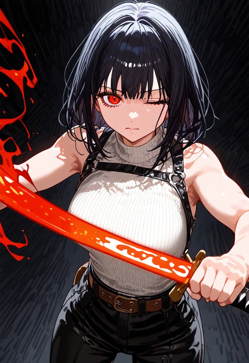 <lora:GEN 0.1v:0.8>,<lora:Expressive_H-000001>,<lora:modern_anime_screencap_v1_0:0.8>,source_anime,score_9,score_8_up,score_7_up,score_6_up,dark background,low light,
1girl,solo,<lora:age_slider_v4:1.2>,adult,tall female,black hair,medium hair,bangs,full bangs,straight hair,red eyes,pale skin,skindentation,petite,toned,(thick thighs:0.6),medium breasts,(angry:0.6),(half-closed eyes:0.8),fighting stance,holding katana,stance,black baggy pants,white top,high collar,one eye closed,crouch,glowing eyes,belt,harness,looking at viewer,flaming eye,black background,