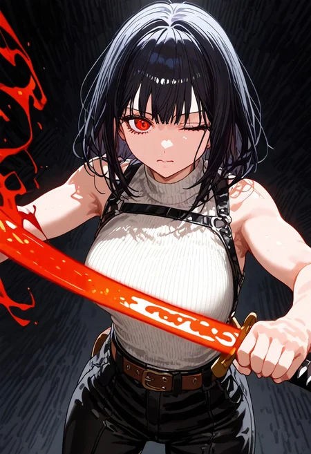 <lora:GEN 0.1v:0.8>,<lora:Expressive_H-000001>,<lora:modern_anime_screencap_v1_0:0.8>,source_anime,score_9,score_8_up,score_7_up,score_6_up,dark background,low light,
1girl,solo,<lora:age_slider_v4:1.2>,adult,tall female,black hair,medium hair,bangs,full bangs,straight hair,red eyes,pale skin,skindentation,petite,toned,(thick thighs:0.6),medium breasts,(angry:0.6),(half-closed eyes:0.8),fighting stance,holding katana,stance,black baggy pants,white top,high collar,one eye closed,crouch,glowing eyes,belt,harness,looking at viewer,flaming eye,black background,