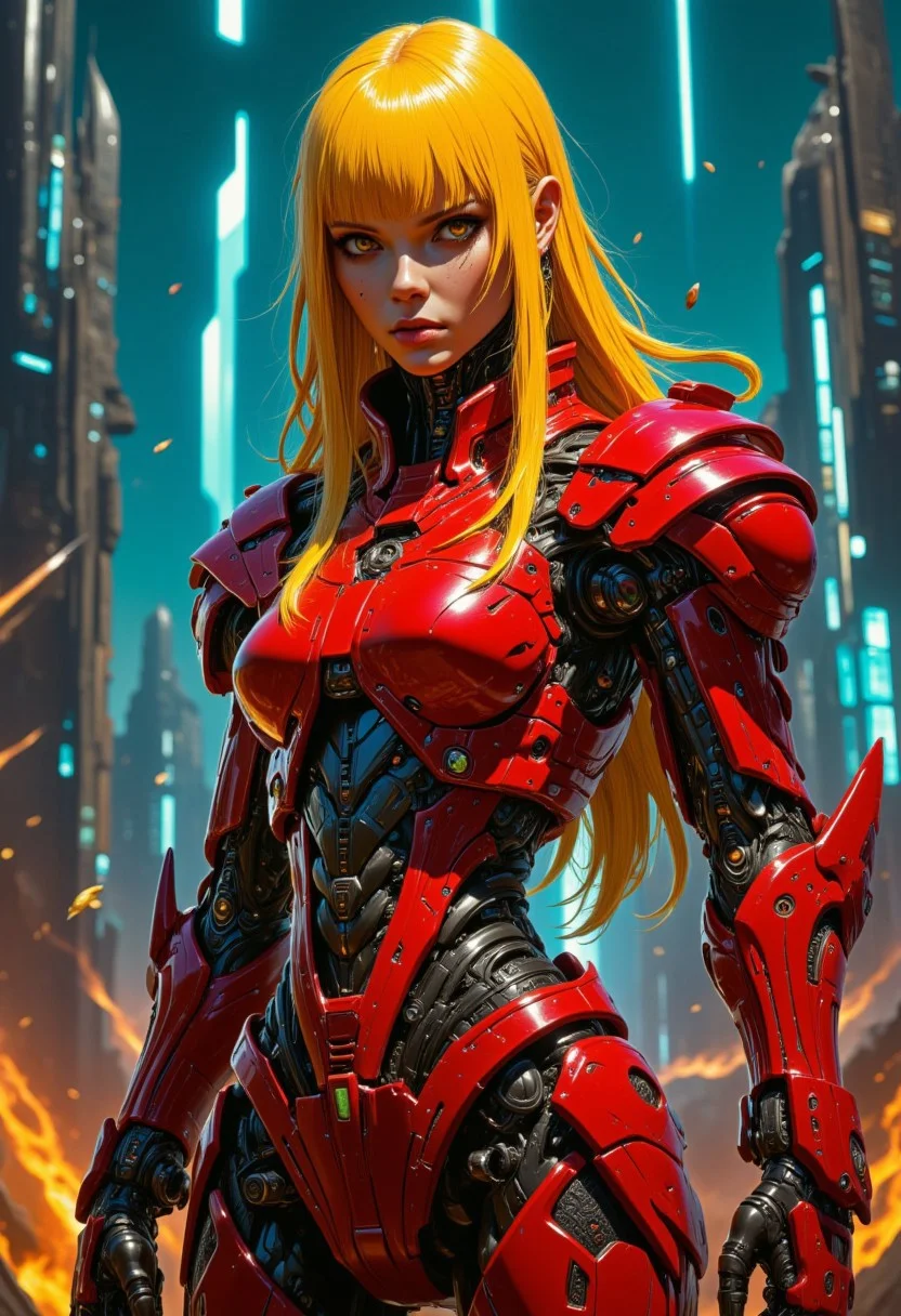 highly detailed cinematic photo, Image is a digital artwork featuring a futuristic, cyberpunk theme. The central subject is a woman with striking yellow orange long hair styled in a sleek fringed hairstyle, wearing a high-tech, form-fitting red and gold armored suit. Her skin is pale, and her expression is serious, with piercing eyes. The suit is detailed with various mechanical components and glowing elements, particularly around the chest and waist. In the background, a neon-lit cityscape is visible, with tall buildings and bright, vertical lights in shades of blue and green adding depth to the scene. The overall composition is dynamic, with a focus on the central figure, and the color palette is dominated by vibrant red gold and contrasting cool tones from the city lights.. Embers float in the air, creating a mystical and intense atmosphere