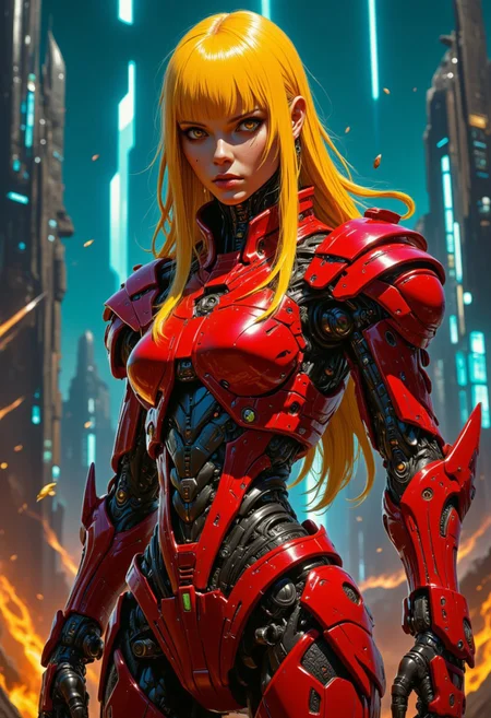 highly detailed cinematic photo, Image is a digital artwork featuring a futuristic, cyberpunk theme. The central subject is a woman with striking yellow orange long hair styled in a sleek fringed hairstyle, wearing a high-tech, form-fitting red and gold armored suit. Her skin is pale, and her expression is serious, with piercing eyes. The suit is detailed with various mechanical components and glowing elements, particularly around the chest and waist. In the background, a neon-lit cityscape is visible, with tall buildings and bright, vertical lights in shades of blue and green adding depth to the scene. The overall composition is dynamic, with a focus on the central figure, and the color palette is dominated by vibrant red gold and contrasting cool tones from the city lights.. Embers float in the air, creating a mystical and intense atmosphere