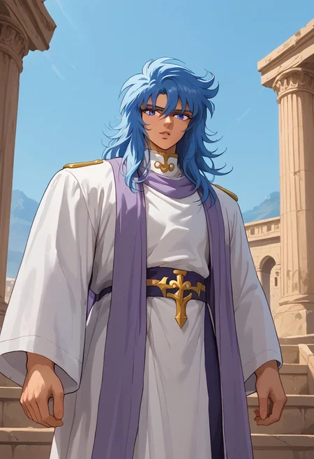 score_9, score_8_up, score_8, score_9, masterpiece, ultra high quality, hd render, male focus, 1boy, solo, JulianSolo, blue hair, very long wavy hair, blue eyes, bangs, hair between eyes, light skin, young man, parted lips, hair between eyes, white robe with purple details, belt,
handsome boy, narrow features, standing, dynamic pose, dynamic shot, looking at viewer, ancient greek ruins scenery, greek styl, hd render, high quality, retro artstyle, 1990s_(style), 1980s_(style),