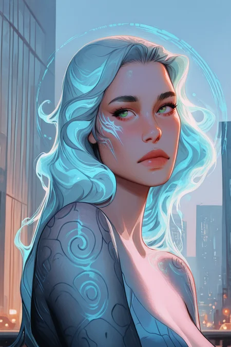 masterpiece,best quality,amazing quality,very aesthetic,absurdres,newest,detailed eyes, realistic body, realistic, 
1girl, solo, face, green eyes, portrait,double exposure,side view of a woman,(big city skyline in the hazy distance like Sydney) contrast, caustic raytracing, trending on artstation, magic hour, magical allure, under glow, sexualized, delightful, DoubleExposure with city, bladerunner, burgundy and light blue color palette, spiral patterns tattoo, outdoors, looking to side, firey hair
 <lora:OmniReal:0.86> <lora:Laaura_style:0.35> <lora:GTHAN-IL:0.7> <lora:fashiongirl-v1-ILXL:0.9> <lora:Sebi_style:0.79> <lora:PRSNL-4:0.65> <lora:Valentaine-Illustrious-000016:0.8>