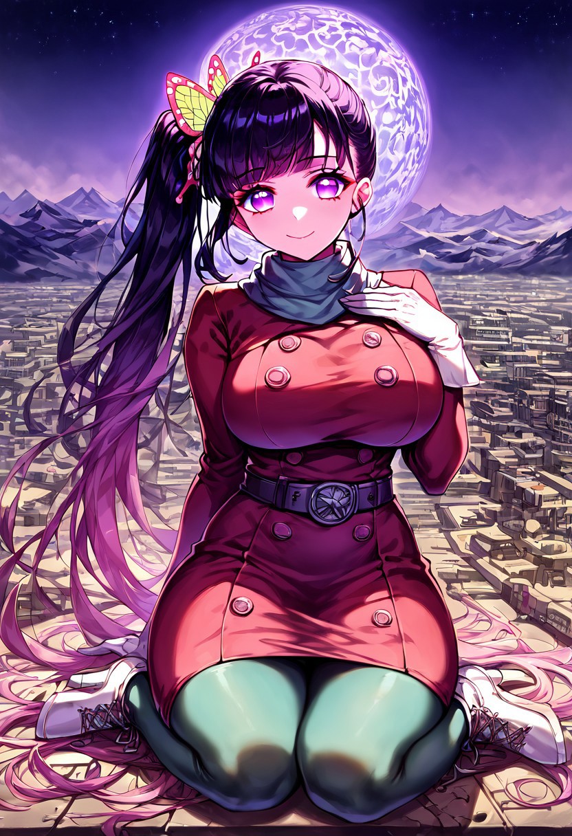 gorgeous lips, cinematic, (masterpiece), (best quality), (ultra-detailed), very aesthetic, perfect composition, intricate details, absurdres, detailed face, (anime, masterpiece, intricate:1.3), (best quality, hires textures, high detail:1.2), score_9, score_8_up, score_7_up, source_anime, 1girl, kanao tsuyuri, black hair, pink highlights, butterfly, butterfly hair ornament, purple eyes, long hair, side ponytail, ponytail, eyelashes, hair ornament, scarf, dress, red dress, long sleeves, buttons, gloves, white gloves, belt, pantyhose, green pantyhose, laced heels, white footwear, skirt, flower patterns, alternate_costume, enormous breasts, facial expression, kind, soft eyes, head tilt, slightly smiling, closed mouth, hand on breasts, goddess, planet size, giantess, growing even bigger, sitting on the city floor, gradient eyes, beautiful detailed eyes, city background, mountain landscape, city, mountain, building, skyscrapers, surrounded by tall skyscrapers, (masterpiece:1.4), (best quality:1.4), (ultra-detailed:1.2), gl0w, glow,