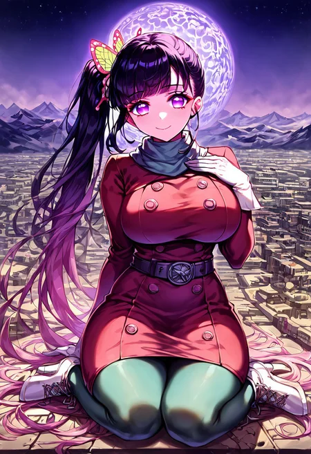 gorgeous lips, cinematic, (masterpiece), (best quality), (ultra-detailed), very aesthetic, perfect composition, intricate details, absurdres, detailed face, (anime, masterpiece, intricate:1.3), (best quality, hires textures, high detail:1.2), score_9, score_8_up, score_7_up, source_anime, 1girl, kanao tsuyuri, black hair, pink highlights, butterfly, butterfly hair ornament, purple eyes, long hair, side ponytail, ponytail, eyelashes, hair ornament, scarf, dress, red dress, long sleeves, buttons, gloves, white gloves, belt, pantyhose, green pantyhose, laced heels, white footwear, skirt, flower patterns, alternate_costume, enormous breasts, facial expression, kind, soft eyes, head tilt, slightly smiling, closed mouth, hand on breasts, goddess, planet size, giantess, growing even bigger, sitting on the city floor, gradient eyes, beautiful detailed eyes, city background, mountain landscape, city, mountain, building, skyscrapers, surrounded by tall skyscrapers, (masterpiece:1.4), (best quality:1.4), (ultra-detailed:1.2), gl0w, glow,