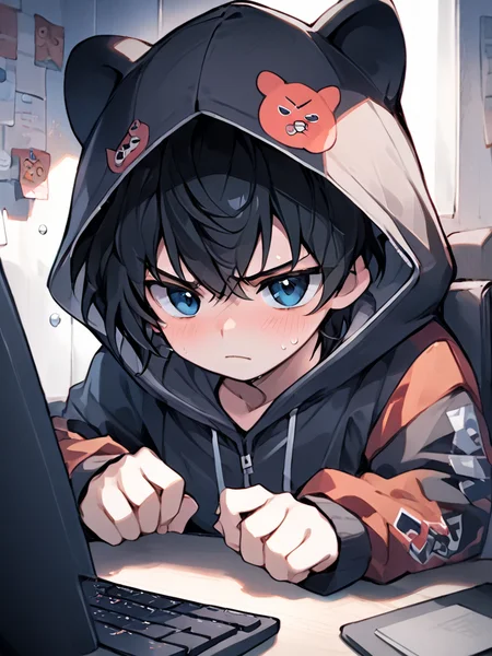 <lora:dagongrenx_xl:1>,(\da gong ren\),angry,1boy, black hair, blue eyes, hood, blush, solo, computer, keyboard \(computer\), looking at viewer, monitor, hoodie, hood up, mouse \(computer\), indoors, closed mouth, animal hood, long sleeves, sweatdrop, laptop, bangs, sweat, hair between eyes, v-shaped eyebrows, animal ears, jacket