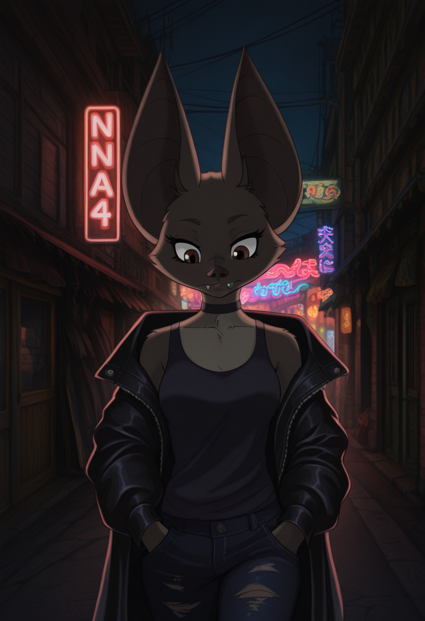 Graphic Design, cinematic lighting, color art, vibrant colors, colorful, intricate details, high contrast, detailed background, beautiful detailed, beautiful face, detailed eyes, detailed face, new, n41n4b4t, 1girl, solo, furry, bat (animal), bat ears, fangs, brown eyes, tank top, choker, leather jacker, long sleeves, ripped jeans, street, neon lights, cowboy shot, hands in pockets, night, dark, dynamic pose, walking, looking down, (masterpiece, best quality, newest, recent, absurdres),