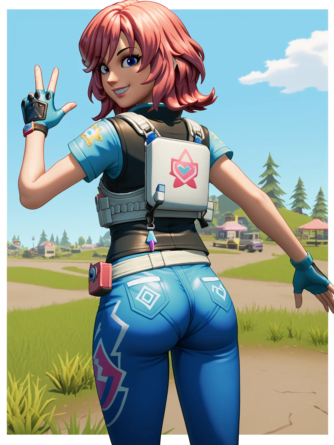 <lora:Undercover Skye (Fortnite):0.85> undercoverskye, skyeoutfit1, ass, smile, coy