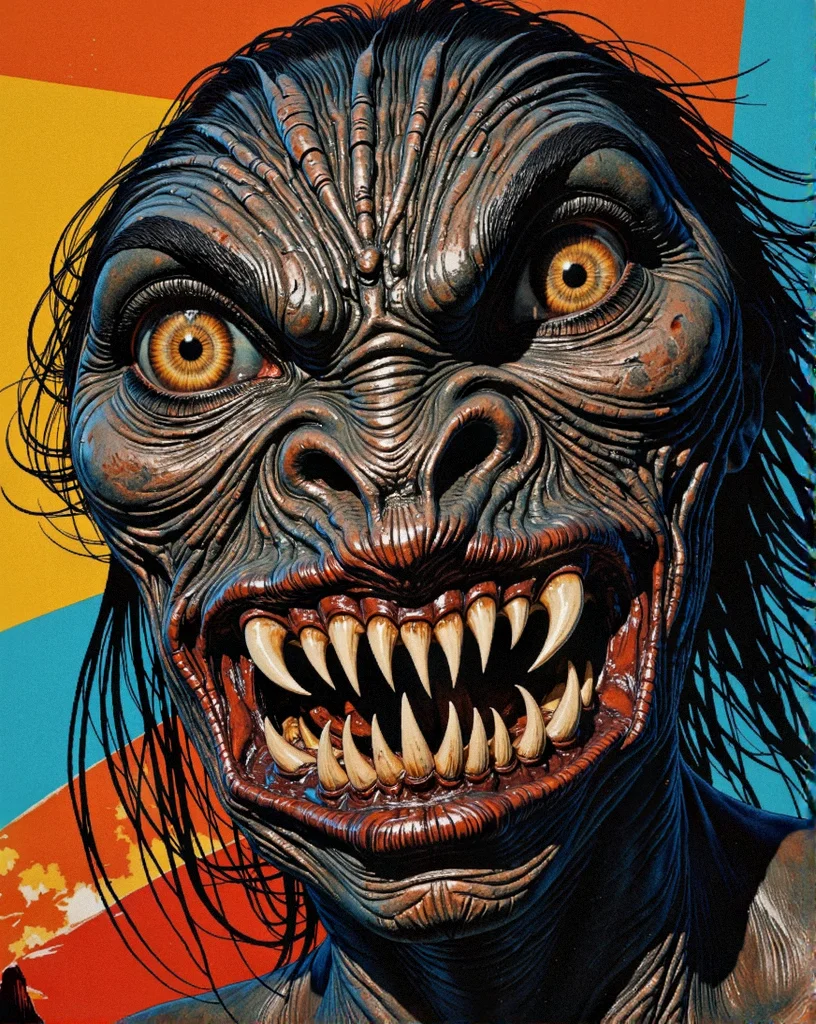 Rococo art style, ornate, light-hearted, elegant, decorative, playful subjects, asymmetrical designs _1 breathtaking _1 analog film photo (Monster alien African Godzilla face:2). portrait with sharp teeth. Background with volcano. A close-up portrait of a monstrous man's face, etched with sharp, jagged teeth that protrude menacingly from her dark, drawn lips. Her eyes, pools of unsettling amber, gleam with predatory intensity, highlighting deep, shadowy hollows beneath. Rough, scarred skin, a tapestry of deep crimson and charcoal gray, covers her face, contrasting starkly with long, thin, black strands of hair that whip in a turbulent wind. A backdrop of bold, stripes black â a vibrant yellow against a vibrant blue â creates a visually striking and unsettling contrast against the grim visage. The lighting emphasizes the harshness of her features, casting long, dramatic shadows across his face, accentuating the jagged lines and stark texture of his skin..(faded film, desaturated, 35mm photo, grainy, vignette, vintage, Kodachrome, Lomography, stained, highly detailed, found footage:1).(award-winning, professional, highly detailed, high resolution, masterpiece:1)