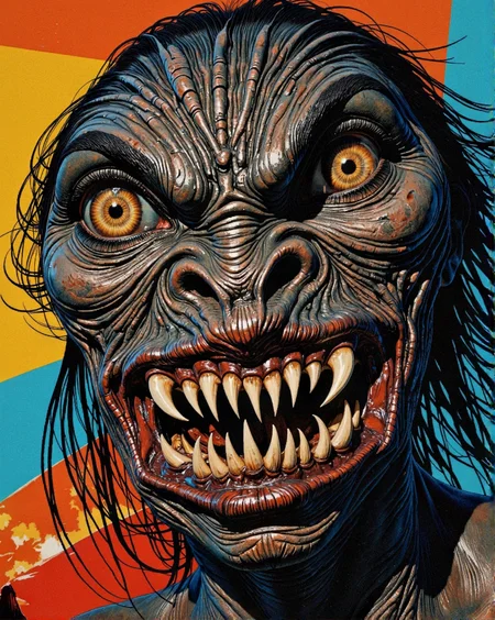 Rococo art style, ornate, light-hearted, elegant, decorative, playful subjects, asymmetrical designs _1 breathtaking _1 analog film photo (Monster alien African Godzilla face:2). portrait with sharp teeth. Background with volcano. A close-up portrait of a monstrous man's face, etched with sharp, jagged teeth that protrude menacingly from her dark, drawn lips. Her eyes, pools of unsettling amber, gleam with predatory intensity, highlighting deep, shadowy hollows beneath. Rough, scarred skin, a tapestry of deep crimson and charcoal gray, covers her face, contrasting starkly with long, thin, black strands of hair that whip in a turbulent wind. A backdrop of bold, stripes black â a vibrant yellow against a vibrant blue â creates a visually striking and unsettling contrast against the grim visage. The lighting emphasizes the harshness of her features, casting long, dramatic shadows across his face, accentuating the jagged lines and stark texture of his skin..(faded film, desaturated, 35mm photo, grainy, vignette, vintage, Kodachrome, Lomography, stained, highly detailed, found footage:1).(award-winning, professional, highly detailed, high resolution, masterpiece:1)