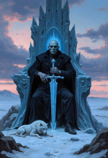 A colossal throne carved from dark ice, jagged and foreboding, sits atop a frozen plateau surrounded by windswept snow dunes, the frost-king, a skeletal figure cloaked in a tattered robe of blackened fur and silver frost, rests one hand on the hilt of an ancient frost-encrusted greatsword that hums with dormant power, his crown is made of jagged icicles, glowing faintly blue in the twilight, spectral wolves made of translucent ice prowl at his feet, the scene evokes the majestic yet somber tone of John Blanche, with muted blues, grays, and shadowy textures that suggest ancient, melancholic power.
, Vibrant, grotesque, and surreal with bold contrasts, heavy black outlines, and a blend of dreamlike autumnal hues; a mix of neon, retro, and pagan elements, inspired by Sean Aaberg’s punk-infused, chaotic energy and dreamcore's eerie, nostalgic undertones