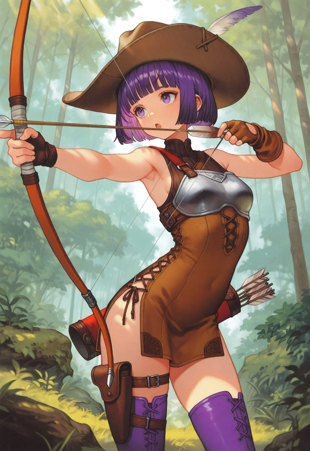 masterpiece, best quality, very aesthetic, absurdres,
cowboy shot, 1girl, solo,
archer, purple eyes, purple hair, short hair, bob cut, blunt bangs, small breasts, bare shoulders,
cavalier hat, hat feather, brown headwear, chest guard, high collar, sleeveless dress, short dress, brown dress, side slit, cross-laced clothes, single glove, fingerless glove, brown glove, thigh holster, purple thighhighs, purple thigh boots, zettai ryouiki,
holding bow \(weapon\), drawing bow, holding arrow, archery, quiver,
standing, open mouth, :o, aiming, outstretched arm, armpits, arched back, contrapposto, looking afar, back,
outdoors, nature, forest, tree, day, sunlight, foliage,
oygilmb
rakugakingu
bdbgil