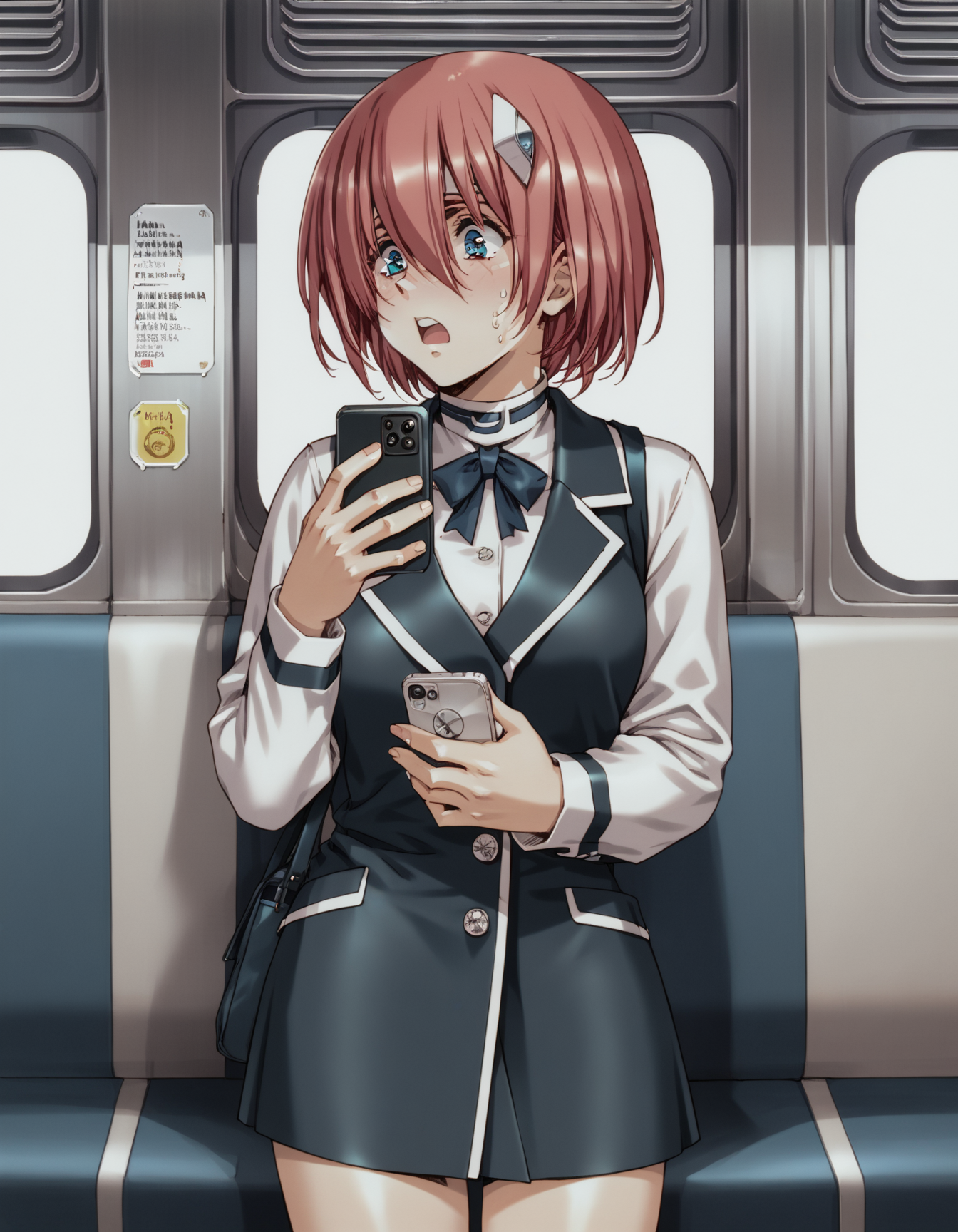 score_9,  score_8_up, score_7_up
<lora:elessa-ponyxl-000130:1> elessa, 
1girl, solo, cowboy shot, surprised, embarrassed, looking at phone, train interior