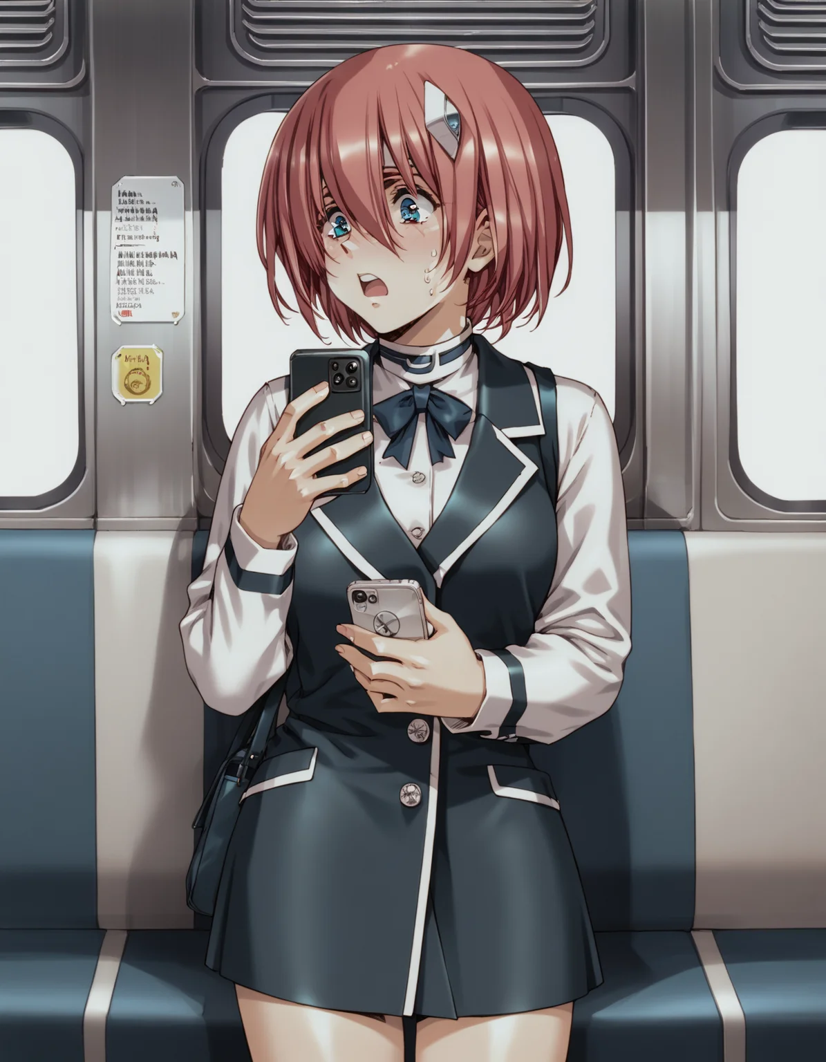 score_9,  score_8_up, score_7_up
<lora:elessa-ponyxl-000130:1> elessa, 
1girl, solo, cowboy shot, surprised, embarrassed, looking at phone, train interior