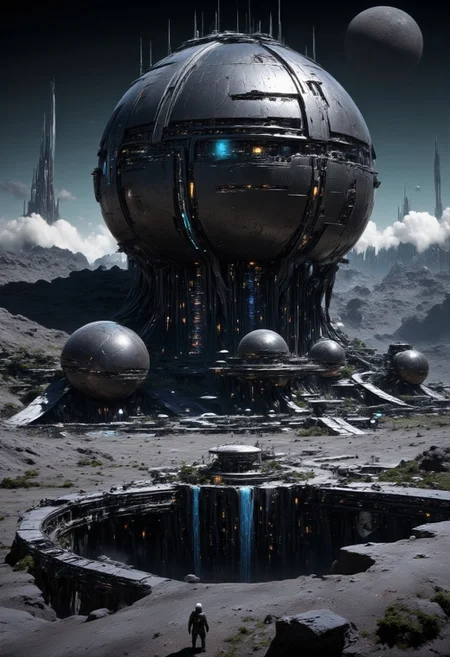 mythp0rt, masterpiece oil painting, landscape of a futuristic sci-fi moon base, gleaming metals and ceramics, domes, cratered environment, dusty, thin haze, a large planet dominating the skyline