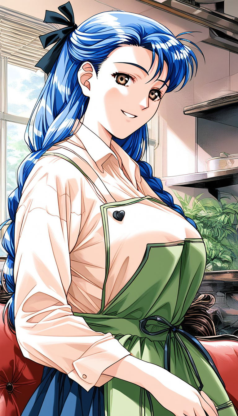 score_9, score_8_up, score_7_up, source_anime, rating_explicit, BREAK  <lora:Narusawa_Misako_XL:1> NarusawaMisako, blue hair, long hair, brown eyes, large breasts,
1girl, solo, apron, braid, skirt, looking at viewer, shirt,  long sleeves, hair ribbon, ribbon, smile,
indoors, couch, shirt, looking at viewer,  long sleeves, skirt, smile, collared shirt
