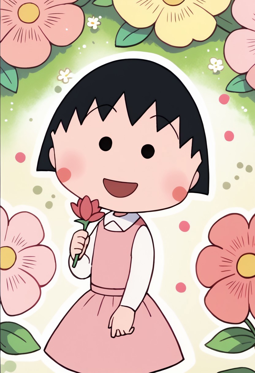 score_9, score_8_up, score_7_up BREAK ChibiMaruko, 1girl, black bobcut, black dot eyes, pink circle blush, happy, solo, solo focus, puffy pink princess dress, flowers garden,