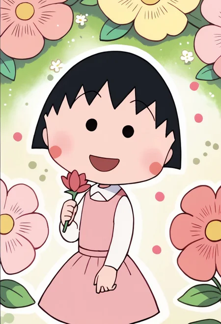 score_9, score_8_up, score_7_up BREAK ChibiMaruko, 1girl, black bobcut, black dot eyes, pink circle blush, happy, solo, solo focus, puffy pink princess dress, flowers garden,