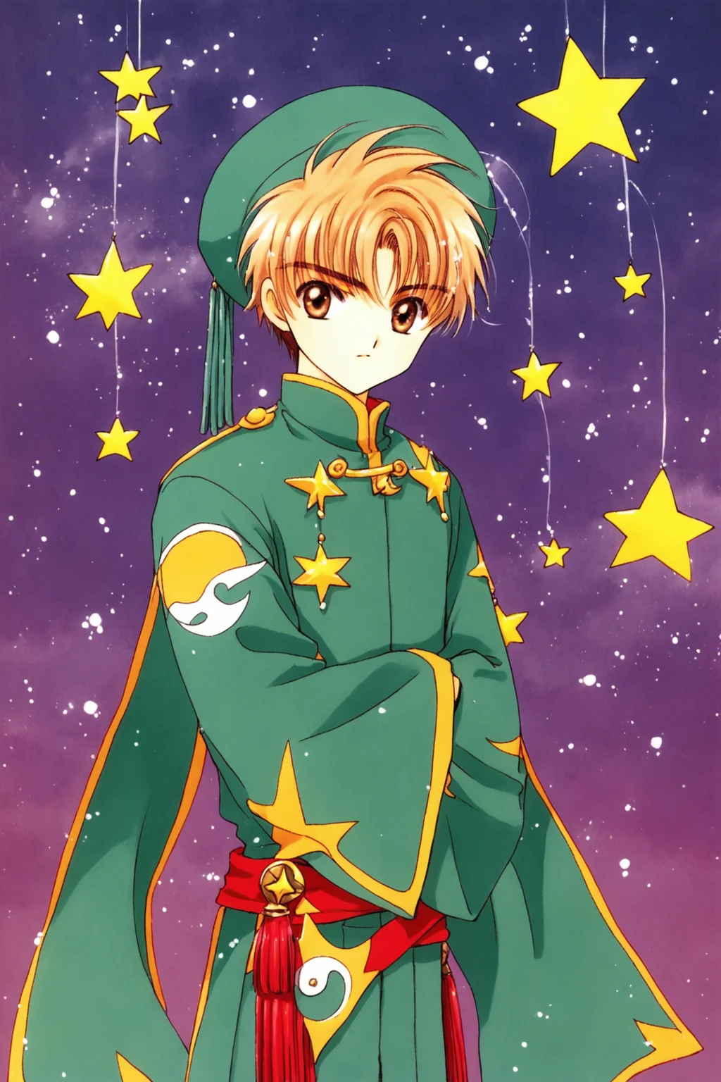 Li Syaoran,1990s (style),star (symbol),retro artstyle,hat,1boy,long sleeves,looking at viewer,male child,solo,wide sleeves,male focus,brown hair,green headwear,standing,brown eyes,yin yang,bangs,short hair,closed mouth,starry background,tassel,star (sky),weapon,hands in opposite sleeves,cowboy shot,sky,crossed arms,score_9,score_8_up,<lora:Card Captor Sakura_XL_PONY:0.8>,