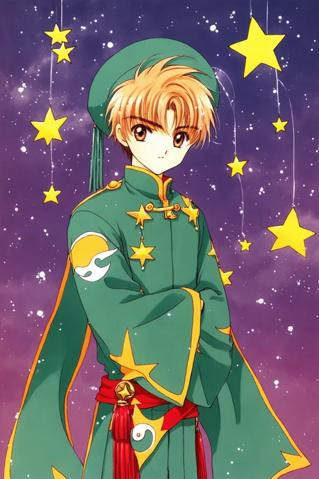 Li Syaoran,1990s (style),star (symbol),retro artstyle,hat,1boy,long sleeves,looking at viewer,male child,solo,wide sleeves,male focus,brown hair,green headwear,standing,brown eyes,yin yang,bangs,short hair,closed mouth,starry background,tassel,star (sky),weapon,hands in opposite sleeves,cowboy shot,sky,crossed arms,score_9,score_8_up,<lora:Card Captor Sakura_XL_PONY:0.8>,