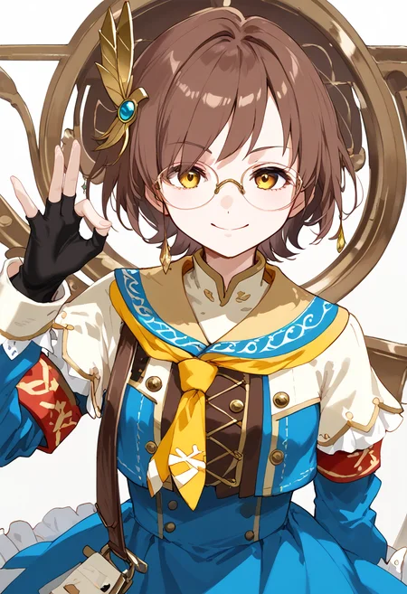 score_9, score_8_up, score_7_up, rating_explicit, uncensored BREAK 1girl, solo, chichae, glasses, brown hair, short hair, yellow eyes, closed smile, yellow necktie, white capelet with leather top underneath, stitches, frilled dress, blue dress with white stripe in the middle, fingerless gloves, red armband with golden rims on the right arm, feather hair ornament, gold buttons, ok sign, ok sign over eye, detailed background, portrait <lora:Chichae-MonsterHunter-Pony:0.9> <lora:sdxl_lightning_8step_lora:1> <lora:ok_sign_pony_d16:0.6>
