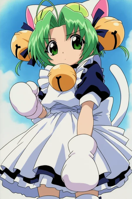 digicharatspecial, dejiko, 1girl, solo, flat chest, short hair, hair ornament, hat, animal ears, green eyes, green hair, ahoge, cat ears, hair intakes, hair bell, animal hat, cat hat, cat tail, white tail, gloves, short sleeves, white gloves, puffy short sleeves, animal hands, hair bell, mittens, animal hat, cat hat, white mittens, maid, outdoors, sky, looking at viewer, 
((masterpiece, best quality, absurdres, highres, very awa)), 