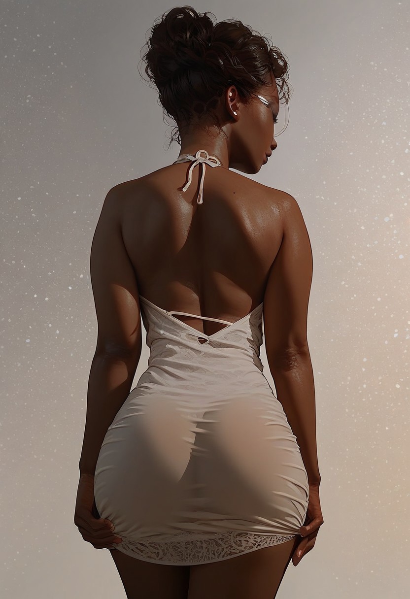 score_9, score_8_up, score_7_up, score_6_up, score_5_up, score_4_up, 1girl, black summer_dress, ass, from behind, dark skin, solo, futuristic background, dark-skinned female, brown hair,