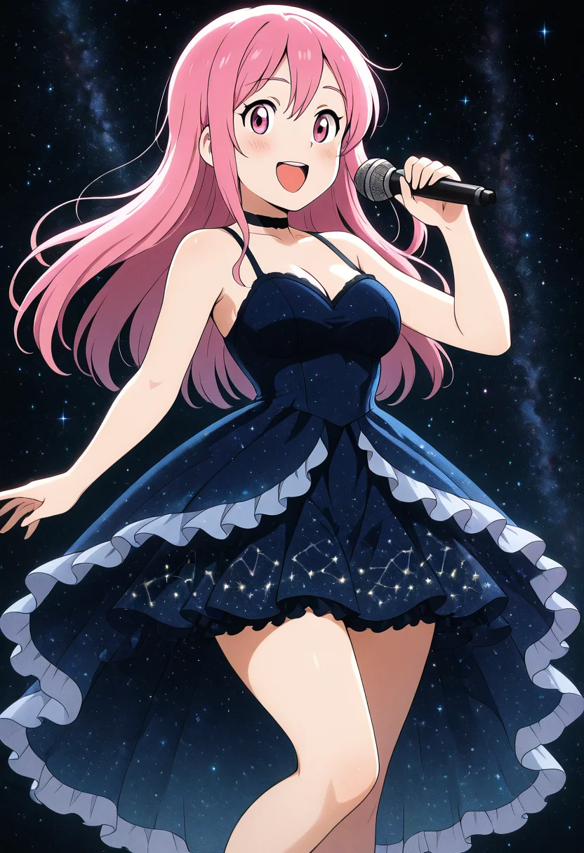 masterpiece, best quality, solo, curvy, beautiful eyes, narrow waist, wide hips, 1girl, solo, smile, looking at viewer, dynamic pose, space, SilkStarsCitron, dark blue, dress, starry sky print, bare shoulders, frilled dress, sleeveless dress, constellation, star (sky), SilkStarsCitron, 1girl, solo, long hair, breasts, looking at viewer, blush, smile, open mouth, bangs, holding, cleavage, hair between eyes, collarbone, pink hair, :d, large breasts, teeth, choker, pink eyes, bare arms, upper teeth only, black choker, microphone, music, spaghetti strap, holding microphone ,(dynamic pose), <lora:SilkStarsCitron_IXL:1.0>, (side view),