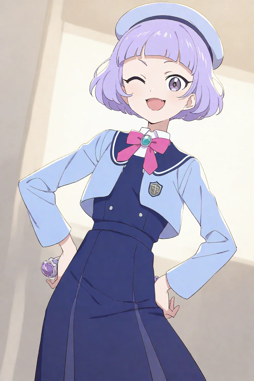 master peace,score_9,score_8_up,score_7_up,score_6_up,score_5_up,score_4_up,\(source_anime:0.7\),
newest,amazing quality,perfect lighting,fang,
1girl,solo,mmychi,mamiya chii,mamiya_chii,school uniform,hat,long sleeves,pink bowtie,one eye closed,smile,
out door,looking at viewer,hand on hip,<lora:mmychi:0.7>,