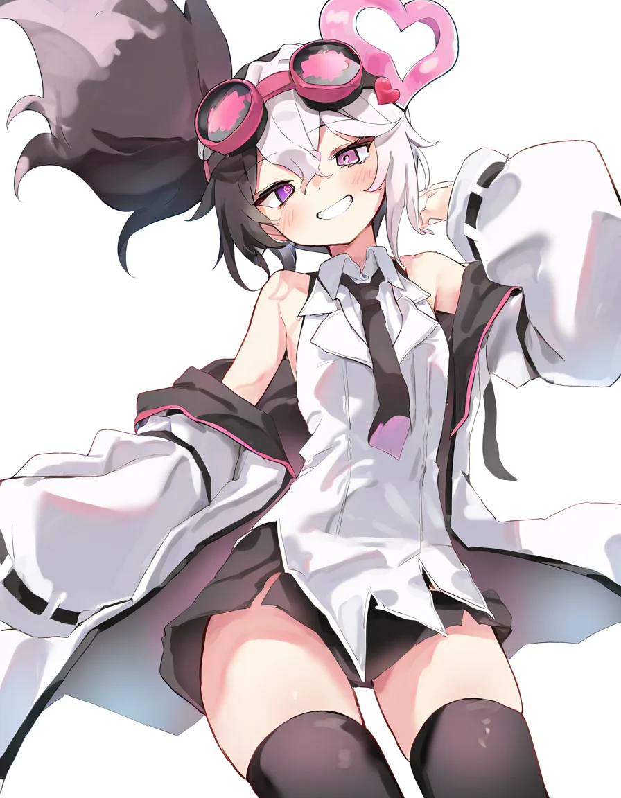 <lora:vsdr.soul-000012>,1girl,solo,white background,simple background,looking at viewer,cowboy shot,smile,vsdr.soul,goggles on head,necktie,heart hair ornament,, masterpiece, best quality, very aesthetic, absurdres,newest, incredibly absurdres,, toshizou \(0714\)