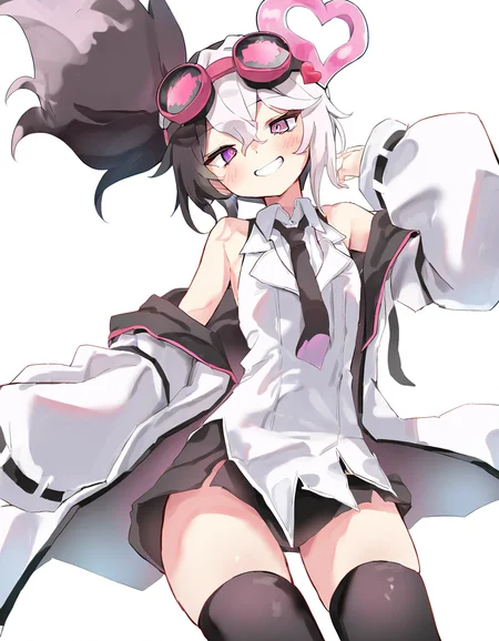 <lora:vsdr.soul-000012>,1girl,solo,white background,simple background,looking at viewer,cowboy shot,smile,vsdr.soul,goggles on head,necktie,heart hair ornament,, masterpiece, best quality, very aesthetic, absurdres,newest, incredibly absurdres,, toshizou \(0714\)