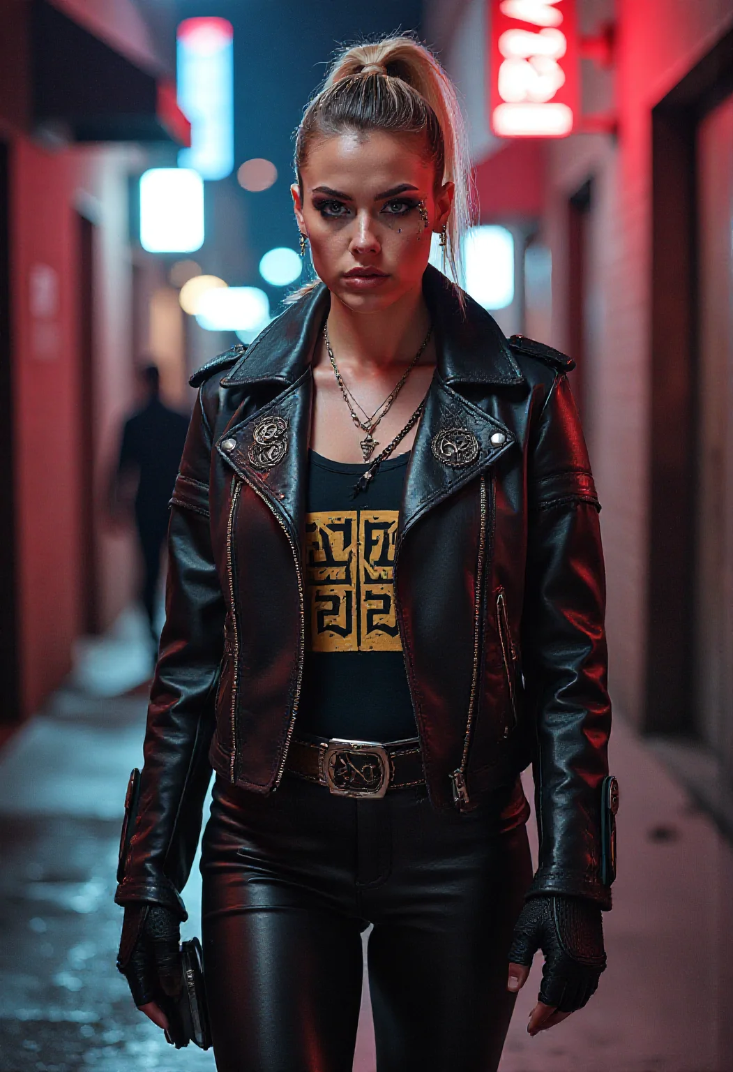 mad-cbrpnk-dtlr, In the heart of a bustling cyberpunk city, a young Vikingpunk mercenary stands illuminated by the neon lights of an urban alley. Her striking outfit is a unique fusion of traditional Viking elements and futuristic fashion.
She wears a tailored leather jacket, adorned with intricate Viking patterns and armor pieces. Beneath it, a shirt bearing ancient runic symbols peeks out. Her lower half is clad in durable leather pants, complemented by a wide Viking-inspired belt that offers both protection and mobility. The ensemble is completed with sturdy combat boots, their design a blend of ancient and modern influences.
Her face is marked by bold makeup that enhances her fierce and dangerous aura. Dark, smoky eyes and sharp, defined lines accentuate her features, conveying a sense of power and determination. Her physique is light yet athletic, suggesting agility and strength beneath her armor.
The vibrant alley sets the stage for her confident presence. Her distinctive look is accentuated by short undercut hair and terminator-style sunglasses, symbolizing the fusion of her cultural heritage and futuristic enhancements. This scene, with its atmospheric lighting and urban environment, captures the essence of a Viking woman navigating a new world, leaving a lasting impression in the heart of the city.