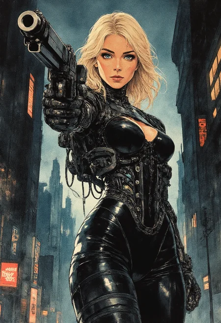 in a dark brooding dystopian city at night, biomechanical cyberpunk karolineleavitt  as a gorgeous young biomechanical cyberpunk bounty hunter,  her visible huge tits and perfect nipples, karolineleavitt has blonde hair . her body enhanced with advanced technology and weaponry, tracks down dangerous criminals in a dystopian future, With her sleek revealing sexy black suit and dimly glowing  eyes, cleavage, bare midriff navel, tattoos on neck and arms, she strikes fear into the hearts of those who dare to cross her path. Armed with a large sci-fi gun and a razor-sharp wit, she navigates the treacherous night of the city, always one step ahead of her prey, style of Benedick Bana and Shahab Alizadeh . cybernetics, human-machine fusion, dystopian, organic meets artificial, dark night, intricate, highly detailed, watercolor anime style. Dystopian, shades of gray with highlight colors. Angled, legs apart, pointing gun at camera. Extreme perspective. Action pose with gun. Cinematic action style. <lora:RetroAnimeFluxV1:0.7> <lora:Mezzotint_Artstyle_for_Flux_-_by_Ethanar:0.6> <lora:Karoline_Leavitt_FLUX:1> <lora:CPA:0.7> anime