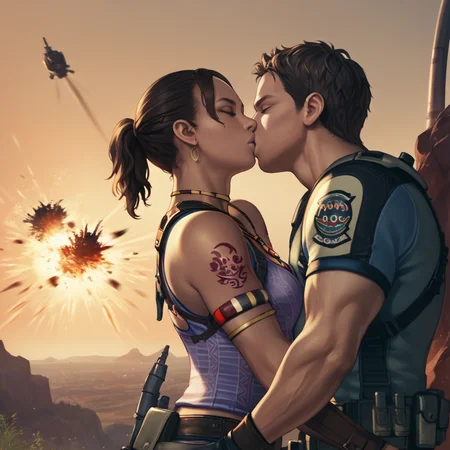 score_9, score_8_up, score_7_up, score_6_up, score_5_up, score_4_up, source_anime, realistic, photoshop \(medium\), <lora:RE5_t2-000008-128:1.0> 1girl, Sheva Alomar, tattoo, 1boy, Chris Redfield, kissing, closed, eyes
, outdoors, cliffs, machinery, (explosions:1.25), sunrise