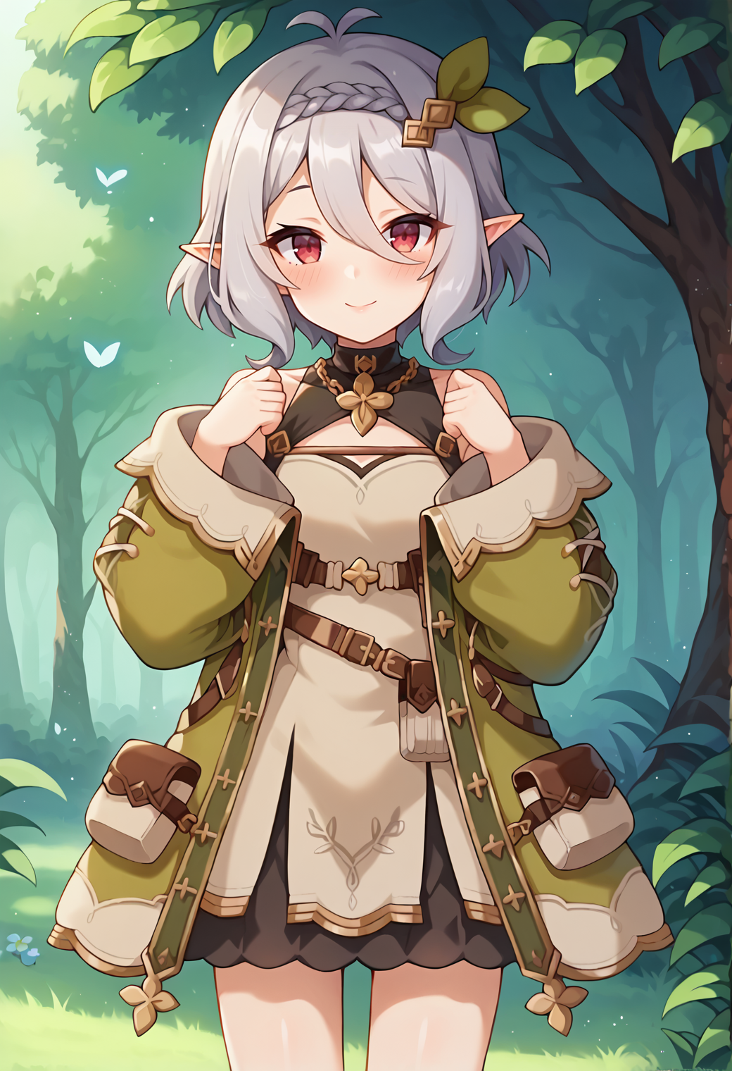 score_9, score_7_up, hd, (ultra hd quality details), source_anime, grasslands, day,
solo, 1girl, pcrkok, grey hair, elf, antenna hair, red eyes,
kokran, hair ornament, beige dress, sleeveless, green jacket, open jacket, off-shoulder,
looking at viewer, blush, smile,
standing, hands up,
<lora:_kokkoro-elesico-ponyr2:0.9>