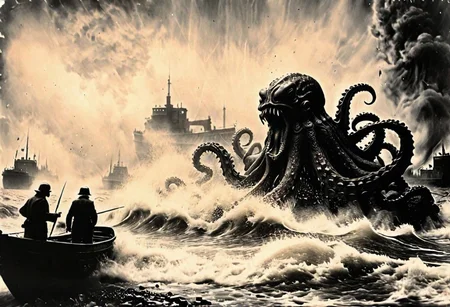 Godzilla fights with a kraken on the shore of Hamburg, B&W 35mm vintage photo