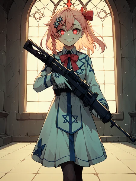 score_9, score_8_up, score_7_up, score_6_up, masterpiece, source_anime, source_hentai,
solo, 1girl, <lora:negev.pony:1>, (machine gun:1.2), smile, (crazy smile:0.6), (shaded face:0.6),
<lora:xl_more_art-full_v1:0.6>,
<lora:Dark_Anime:0.8>, Dark Anime of negev walking in a dark church,
