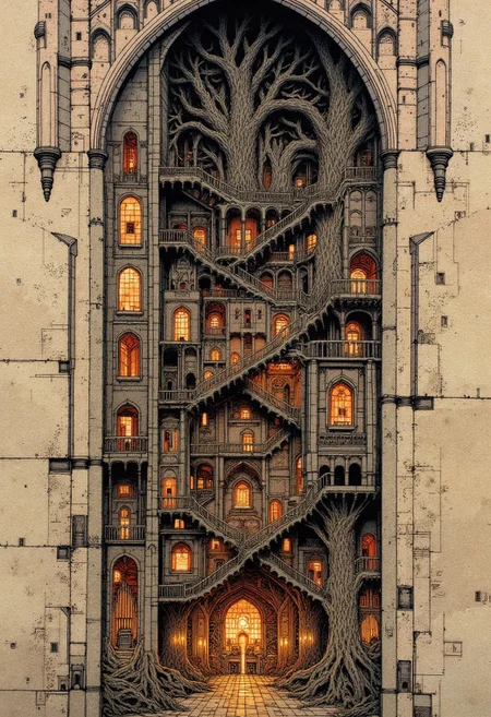 nistyle, rich pen-and-ink architectural cross-section style with hand-etched detail and controlled hatching – a gothic cathedral sliced vertically to reveal secret inner chambers, massive organ pipes twisted into tree trunks, staircases coiling like DNA strands, walls densely annotated with ink symbols and blueprints blending into living veins, each section rendered with flawless line fidelity and deep texture variation – extreme clarity, museum-grade lighting, multi-focus rendering for depth perception
S1n0z1ck style
