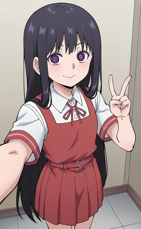 source_anime, zPDXL2, 1girl BREAK
 <lora:oto_adashino:1>, oto_wz, black hair, very long hair, purple eyes, ringed eyes, school uniform, red skirt, white shirt, collared shirt, short sleeves, red pinafore dress, belt, standing, pov, selfie, v, apartament, :d