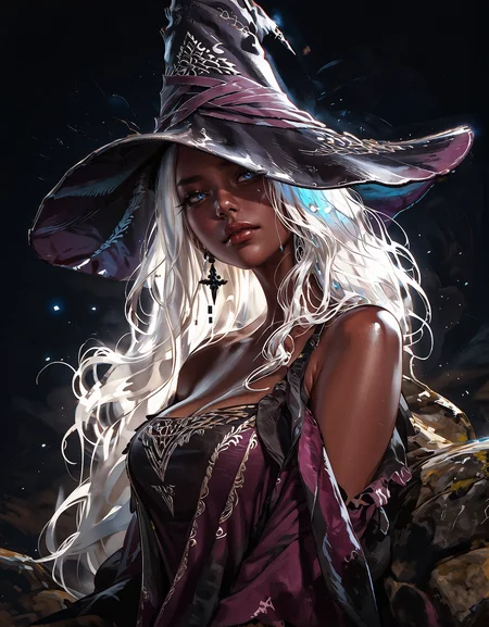 score_9, score_8_up, score_7_up, score_6_up, score_5_up, score_4_up,  RecluseER, 1girl, white hair, witch hat, dark skin, dress, side view, 8k, absurdres, best quality, looking at viewer, leaning forward, black stone, (black rock:1.3), curvy, perfect curves, (black background, simple background:1.2)  <lora:PonyRecluseER-000008:1> <lora:Expressive_H-000001:0.6>, expressiveH <lora:g0th1cPXL:0.4> <lora:incase_style_v3-1_ponyxl_ilff:0.3> <lora:sinfully_stylish_SDXL:0.4>